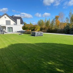 SoilCraft - Starannie przystrzyżony trawnik z wyraźnymi pasami po koszeniu, nowoczesny dom z dużymi oknami w tle, obok jacuzzi i ozdobne drzewa.