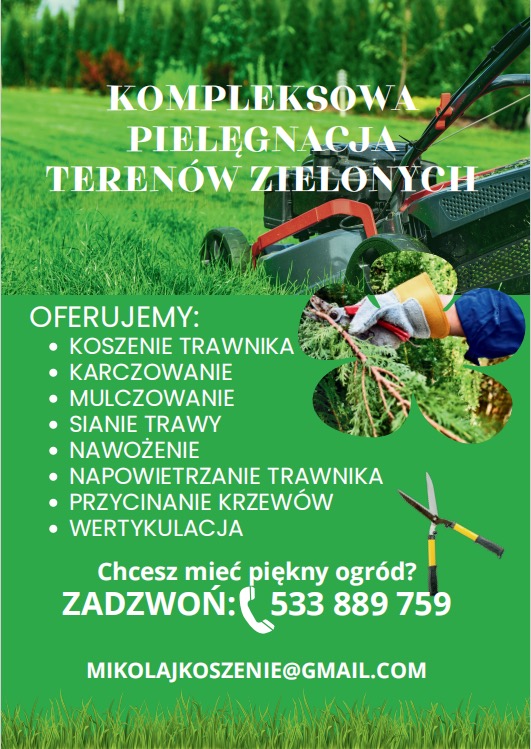 Grafika reklamowa usług ogrodniczych: kosiarka na trawniku, przycięte gałęzie w dłoni w rękawicy, sekator, lista oferowanych usług, numer telefonu i adres email.