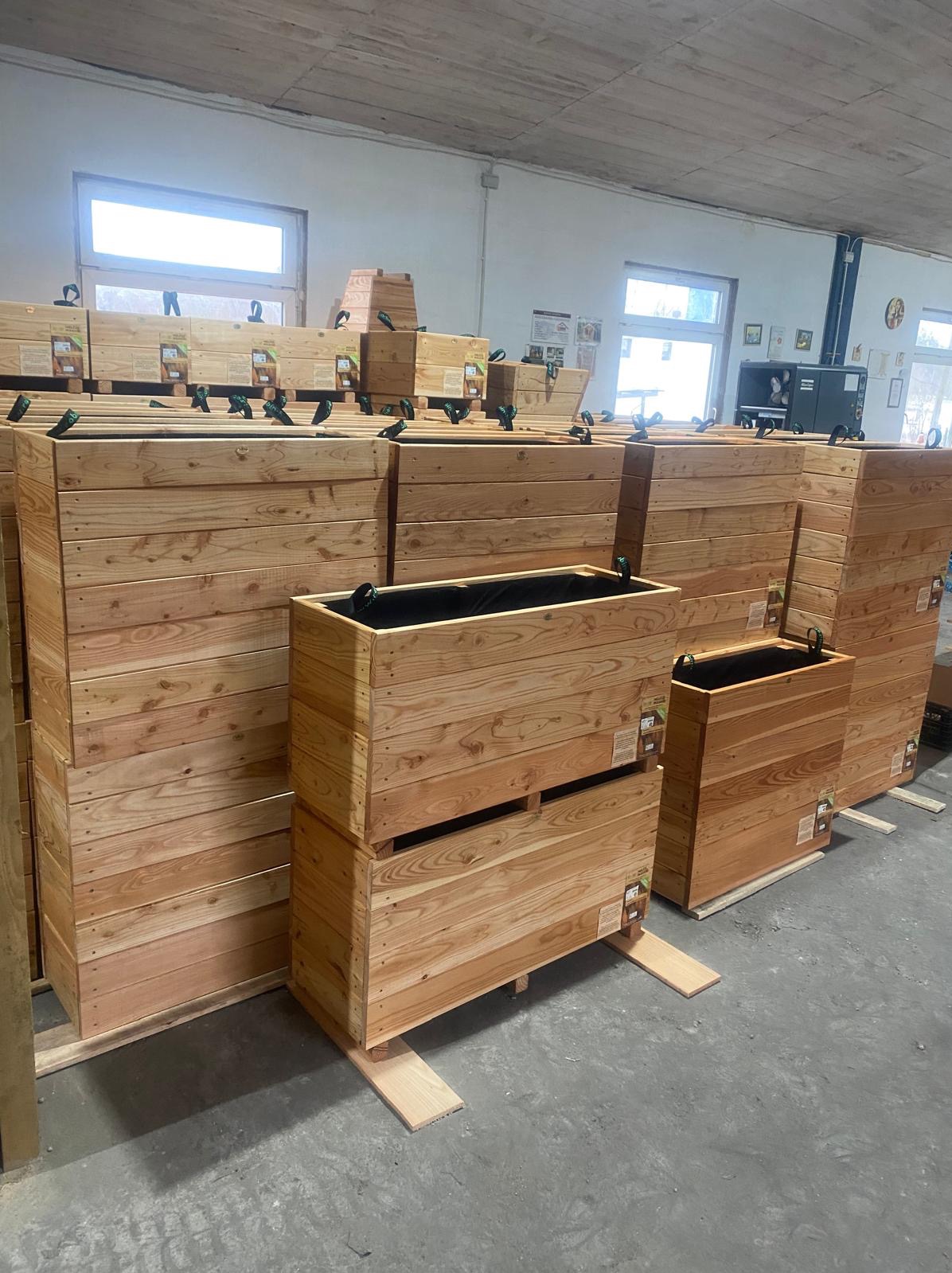Magazyn pełen drewnianych skrzyń na rośliny z czarnym wkładem, zabezpieczonych pasami transportowymi, ustawionych na paletach.