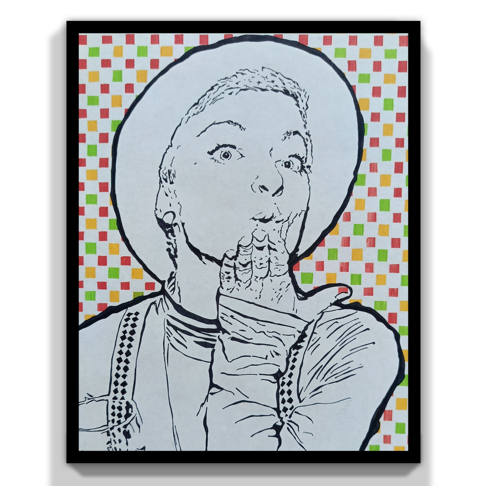 Czarno-biały rysunek kobiety w kapeluszu, z dłonią przy ustach, na tle kolorowej szachownicy w ramce.