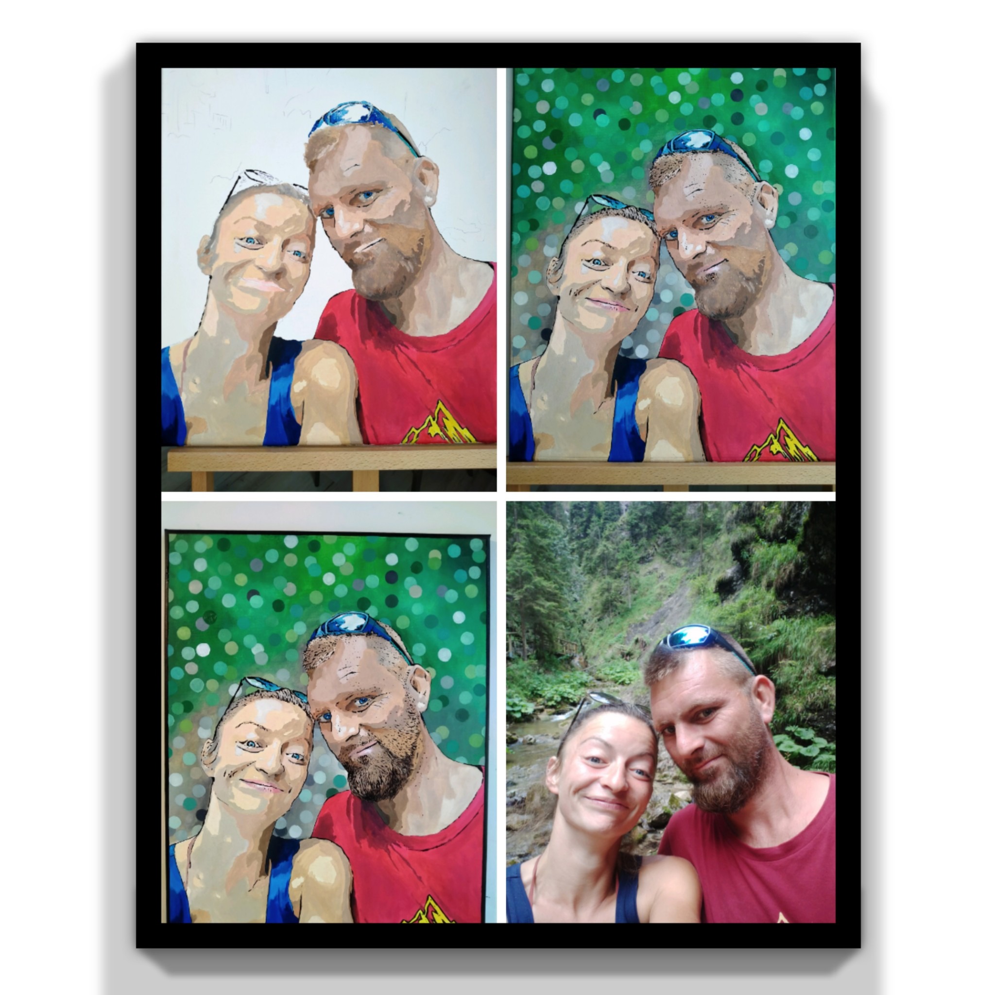 Cztery ujęcia pary: dwa obrazy olejne na płótnie przedstawiające parę na tle białym i na tle zielonych kropek, oraz dwa zdjęcia pary na tle zieleni i strumienia.