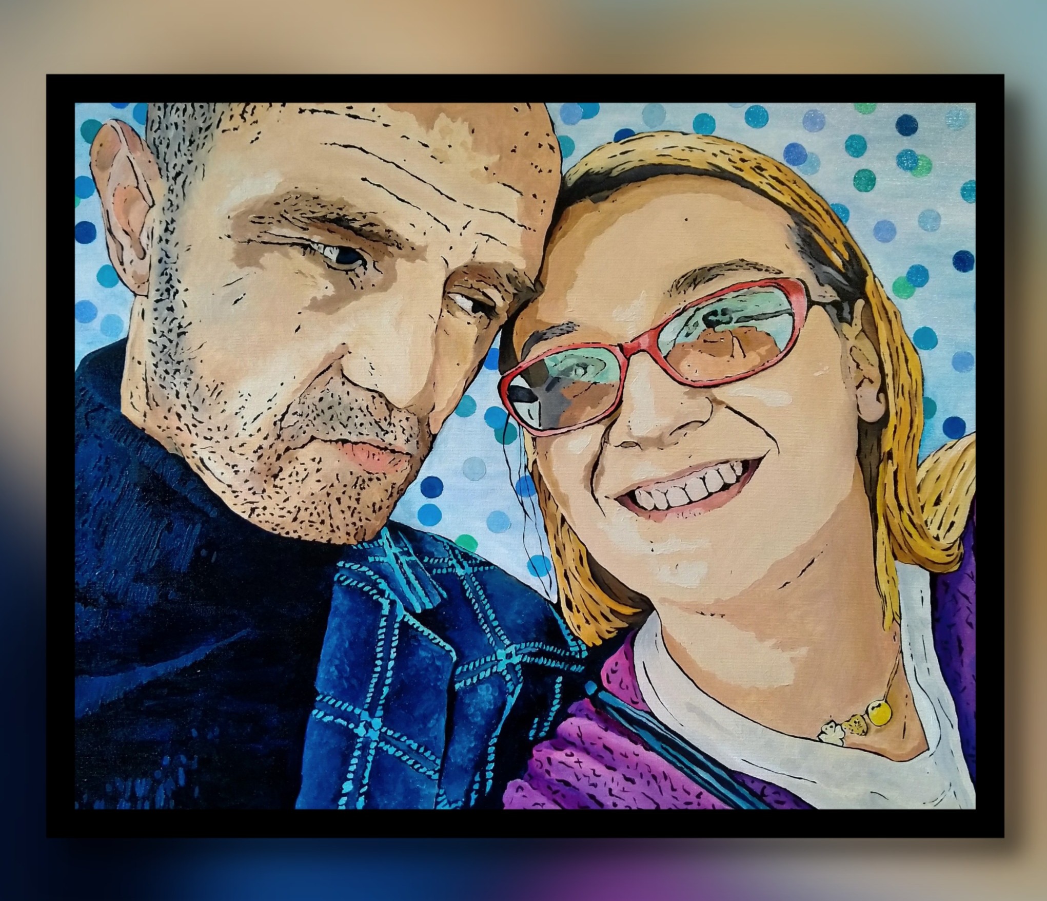 Portret malowany farbami olejnymi przedstawiający parę, mężczyzna z brodą i kobieta w okularach na tle w kropki.