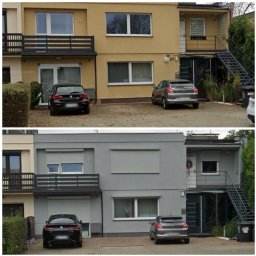 Firma Ogólnobudowlana Wiktor Marczak - Porównanie elewacji budynku przed i po odświeżeniu koloru na szaro, z widocznymi samochodami na podjeździe.