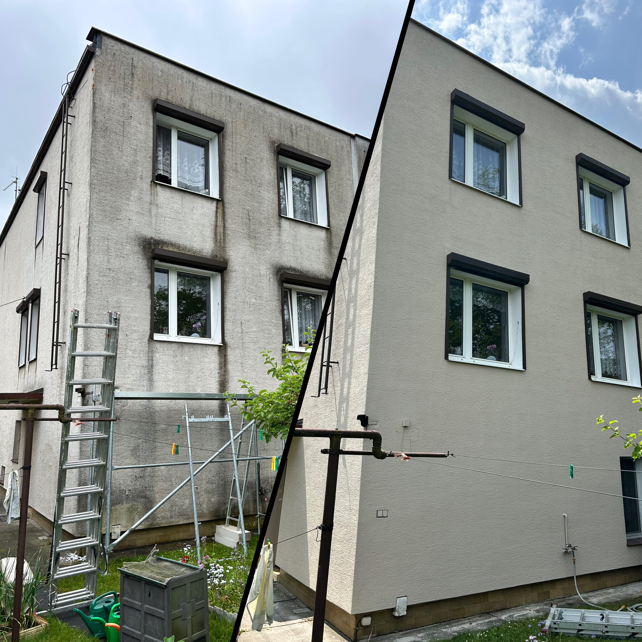 Elewacja budynku przed i po czyszczeniu w Michałowie Drugim. Widoczne rusztowania i drabiny, kontrastujące ze świeżością odnowionej ściany.