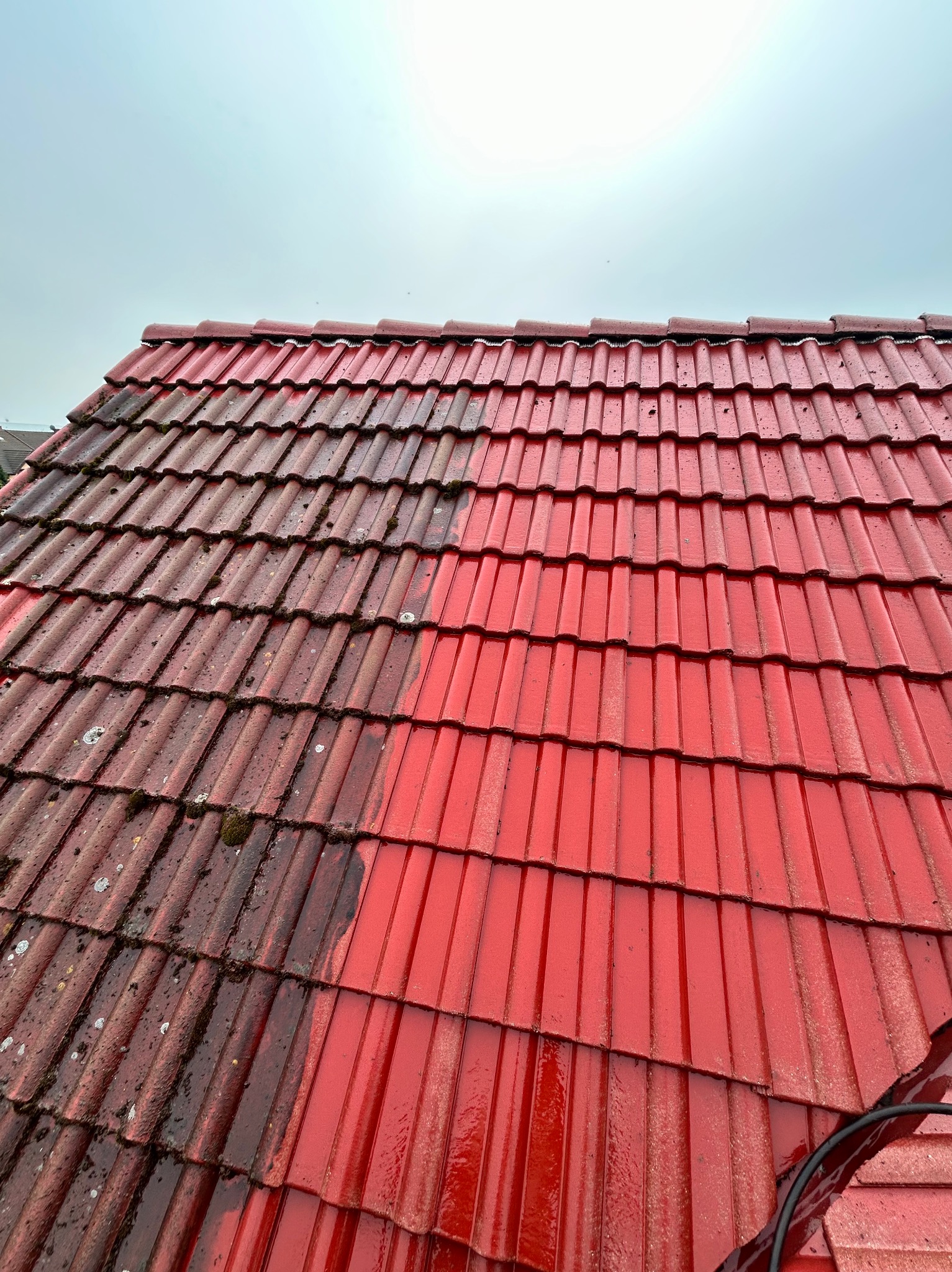 Czerwona dachówka przed i po czyszczeniu: połowa dachu pokryta mchem i brudem, druga połowa czysta i lśniąca. Widoczny fragment węża do mycia ciśnieniowego.