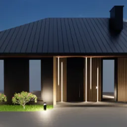 Nowoczesny dom jednorodzinny z czarną elewacją i dachem, oświetlony lampami zewnętrznymi i dekoracyjnym oświetleniem fasady, z podjazdem wyłożonym płytami i zaparkowanym samochodem osobowym.