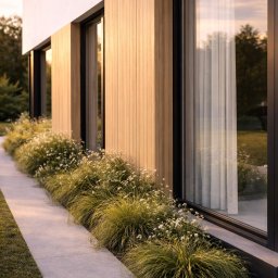 Pracownia Projektowa Klaudia Szkaradek - Elewacja domu z drewnianą okładziną i dużymi oknami, rabata z ozdobnymi trawami wzdłuż ścieżki. Minimalistyczny design, ciepłe oświetlenie.