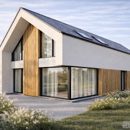 Pracownia Projektowa Klaudia Szkaradek - Nowoczesny dom jednorodzinny z drewnianą elewacją i dużymi oknami, otoczony zielenią. Minimalistyczny design z dwuspadowym dachem i subtelnym oświetleniem.