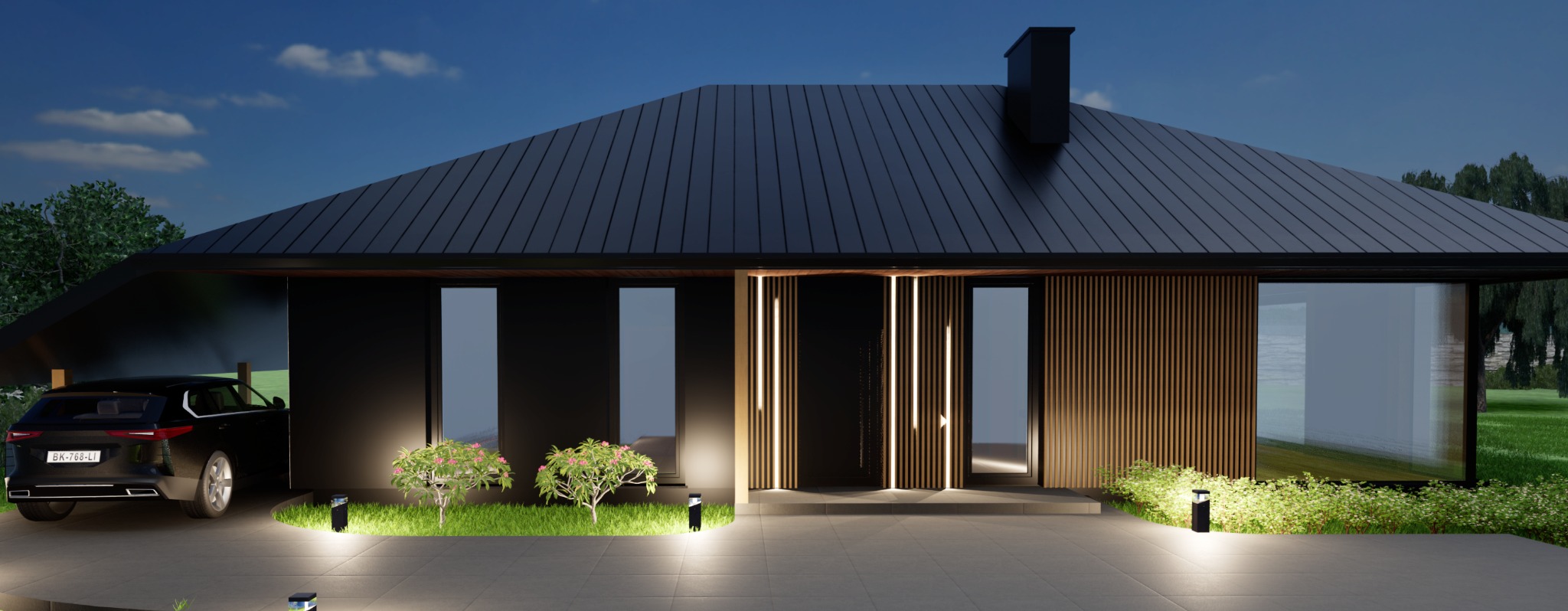 Nowoczesny dom jednorodzinny z czarną elewacją i dachem, oświetlony lampami zewnętrznymi i dekoracyjnym oświetleniem fasady, z podjazdem wyłożonym płytami i zaparkowanym samochodem osobowym.