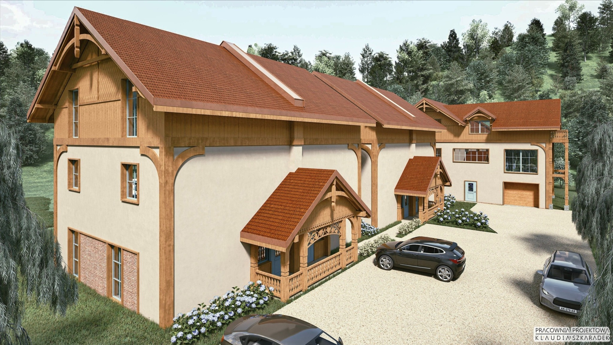 Wizualizacja budynku usługowego z drewnianą konstrukcją szkieletową, czerwonym dachem i dwoma samochodami na żwirowym podjeździe. Tło stanowi las.