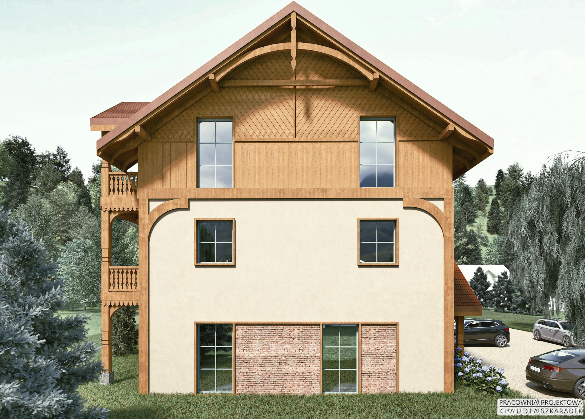 Wizualizacja dwukondygnacyjnego domu z drewnianą konstrukcją szkieletową i balkonem, z elementami muru z cegły klinkierowej na parterze, otoczonego zielenią i samochodami.
