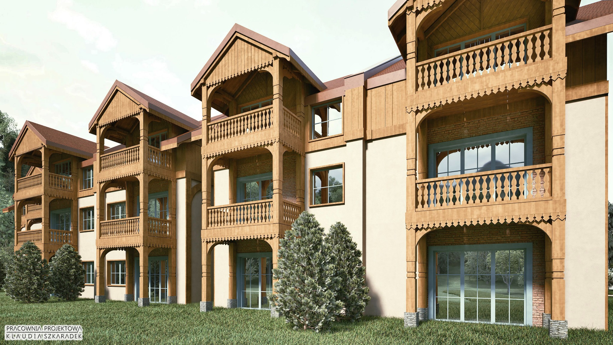Wizualizacja budynku wielorodzinnego z drewnianymi balkonami i zdobieniami, stylizowanego na góralski, z zielonym trawnikiem i drzewami w tle.