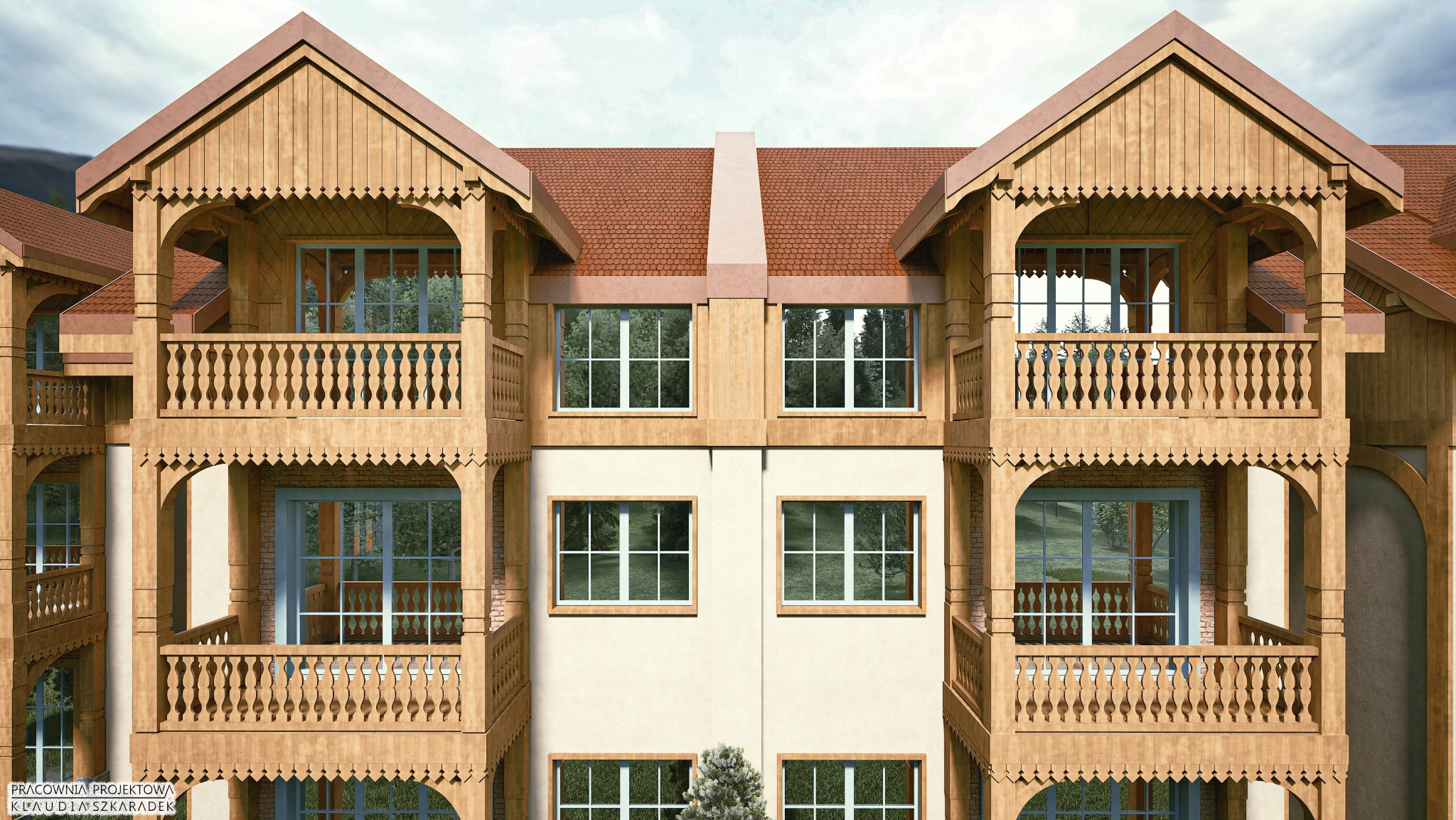 Wizualizacja budynku wielorodzinnego z drewnianymi balkonami i zdobieniami w stylu zakopiańskim, z widocznymi detalami architektonicznymi i otoczeniem.