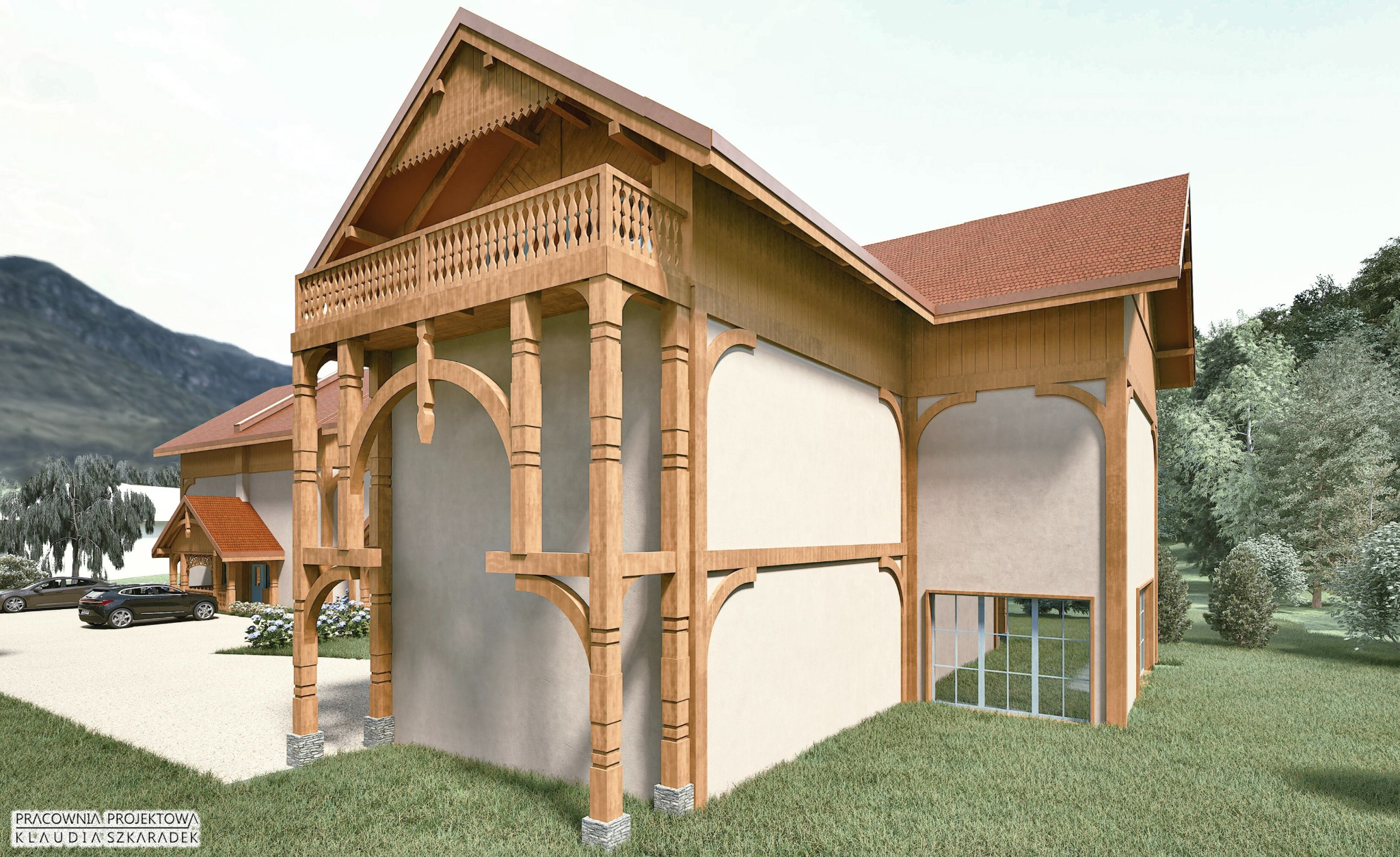 Wizualizacja budynku z elementami drewnianymi, balkonem i łukowymi kolumnami. W tle góry i drzewa. Na podjeździe zaparkowane samochody. Ujęcie z perspektywy.