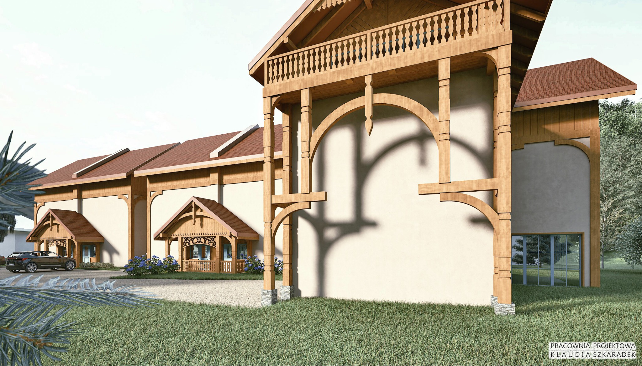 Wizualizacja budynku usługowego z drewnianymi elementami konstrukcyjnymi, balkony z balustradami, widok z poziomu trawnika, samochód na podjeździe.