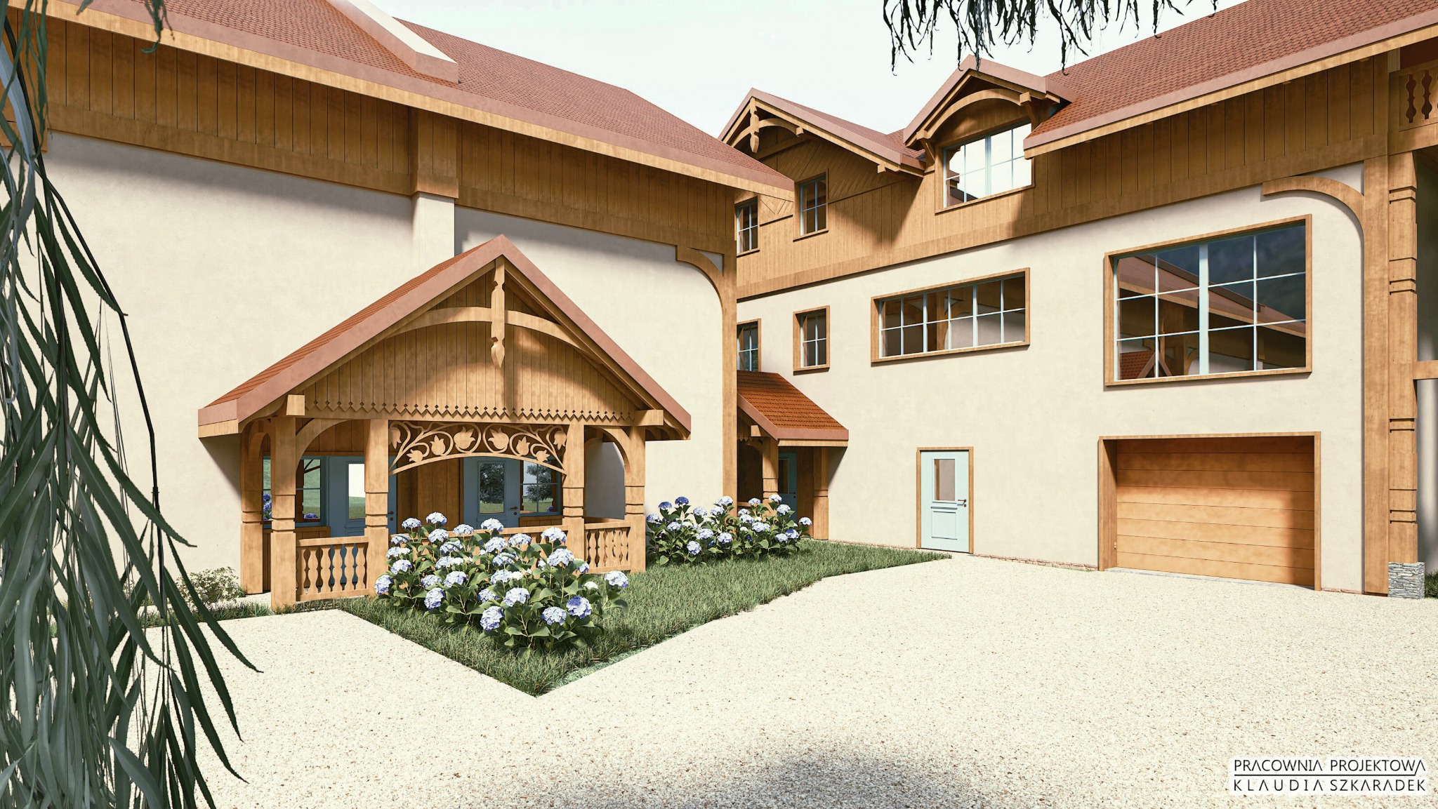 Wizualizacja domu w stylu zakopiańskim z drewnianymi elementami, gankiem i garażem. Jasna elewacja, brązowy dach i okna. Na pierwszym planie kwitnące hortensje.