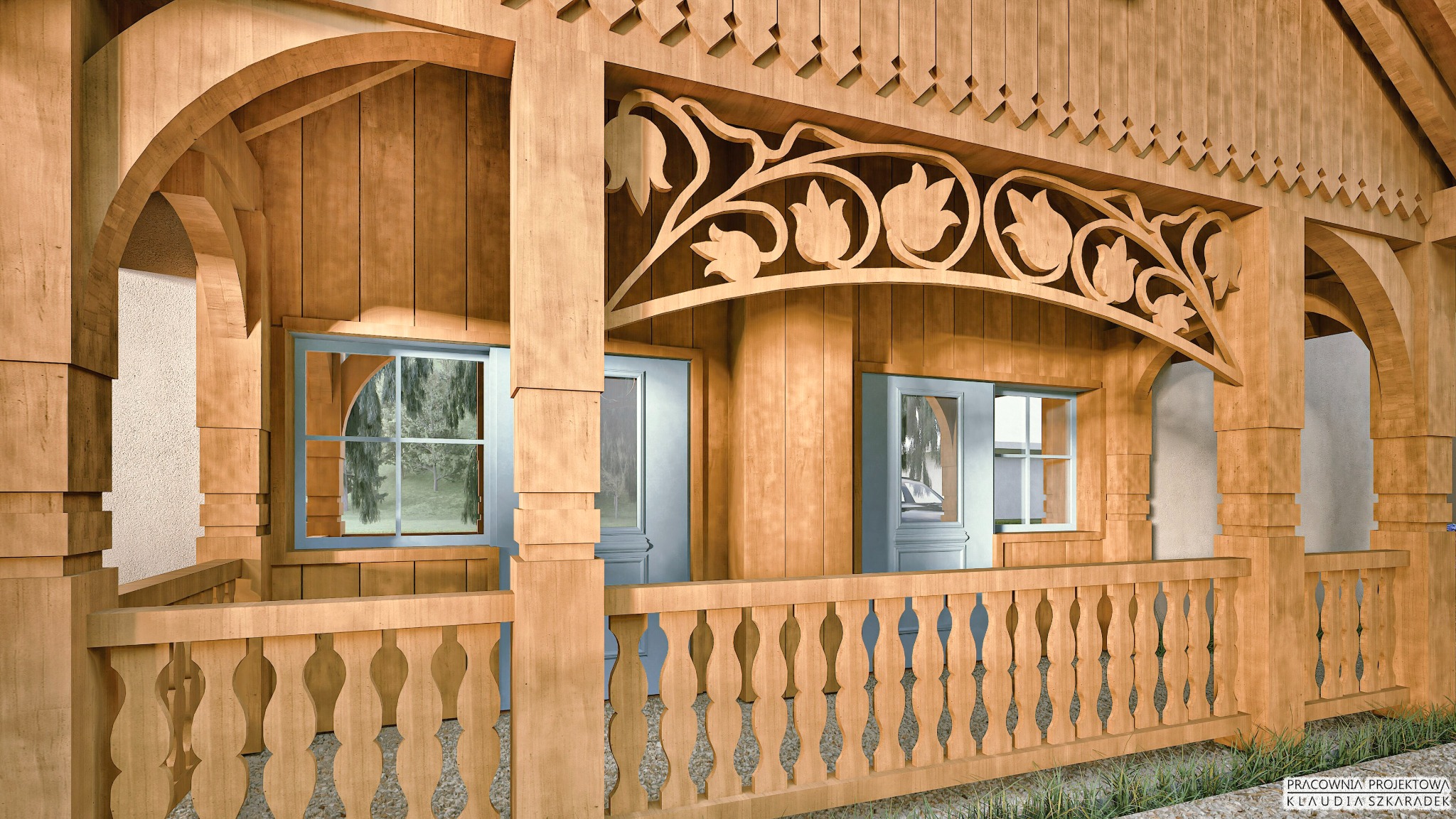 Drewniana weranda z dekoracyjnymi wycięciami i balustradą, okna z niebieskimi ramami, widok na zewnątrz. Projekt w stylu rustykalnym.