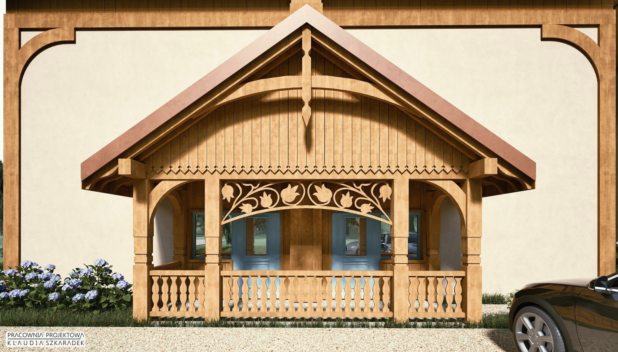 Wizualizacja drewnianej werandy z dekoracyjnymi elementami, błękitnymi drzwiami i fragmentem samochodu. Projekt w stylu rustykalnym z kwiatami w tle.