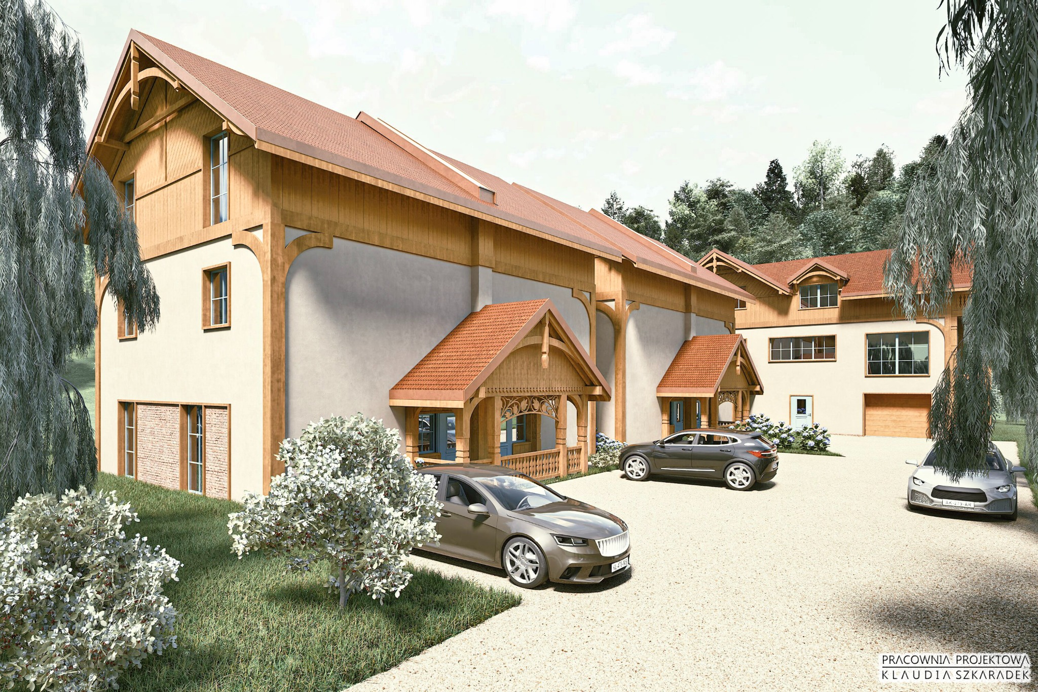 Wizualizacja budynku usługowego z elementami drewnianymi, z trzema samochodami na żwirowym podjeździe i zielenią w tle. Projekt Pracowni Projektowej Klaudii Szkaradek.