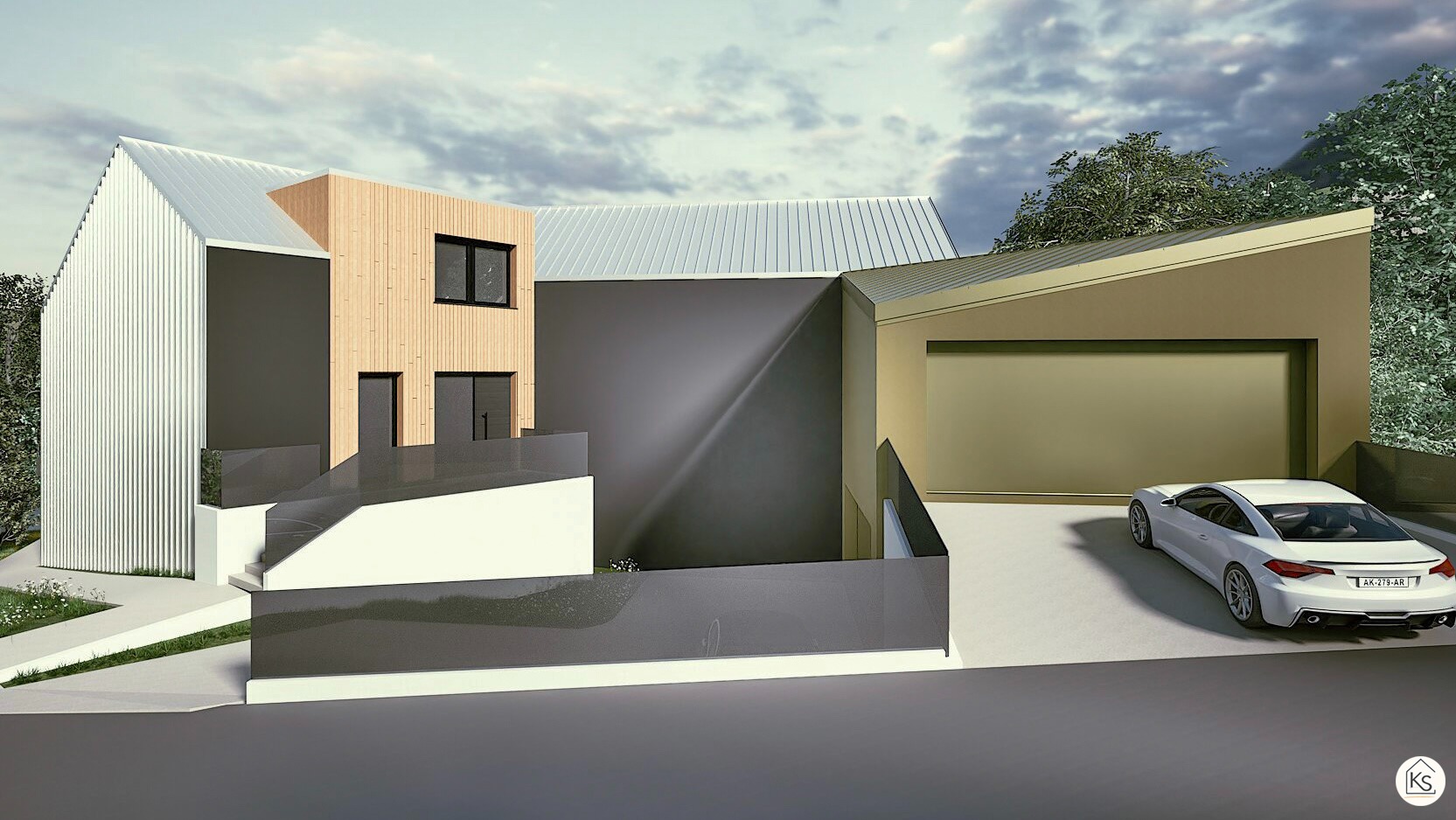 Wizualizacja nowoczesnego domu z garażem i białym samochodem. Budynek o zróżnicowanej architekturze, z elementami drewna i szarości, na tle pochmurnego nieba.