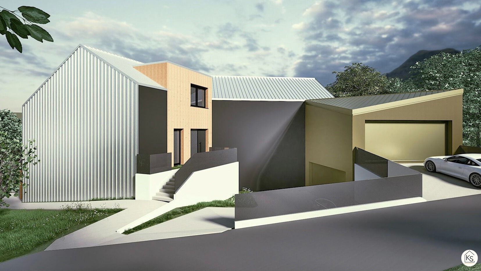 Wizualizacja nowoczesnego domu z garażem, z elewacją z blachy trapezowej i elementami drewnianymi, na tle pochmurnego nieba i zieleni. Biały samochód sportowy na podjeździe.