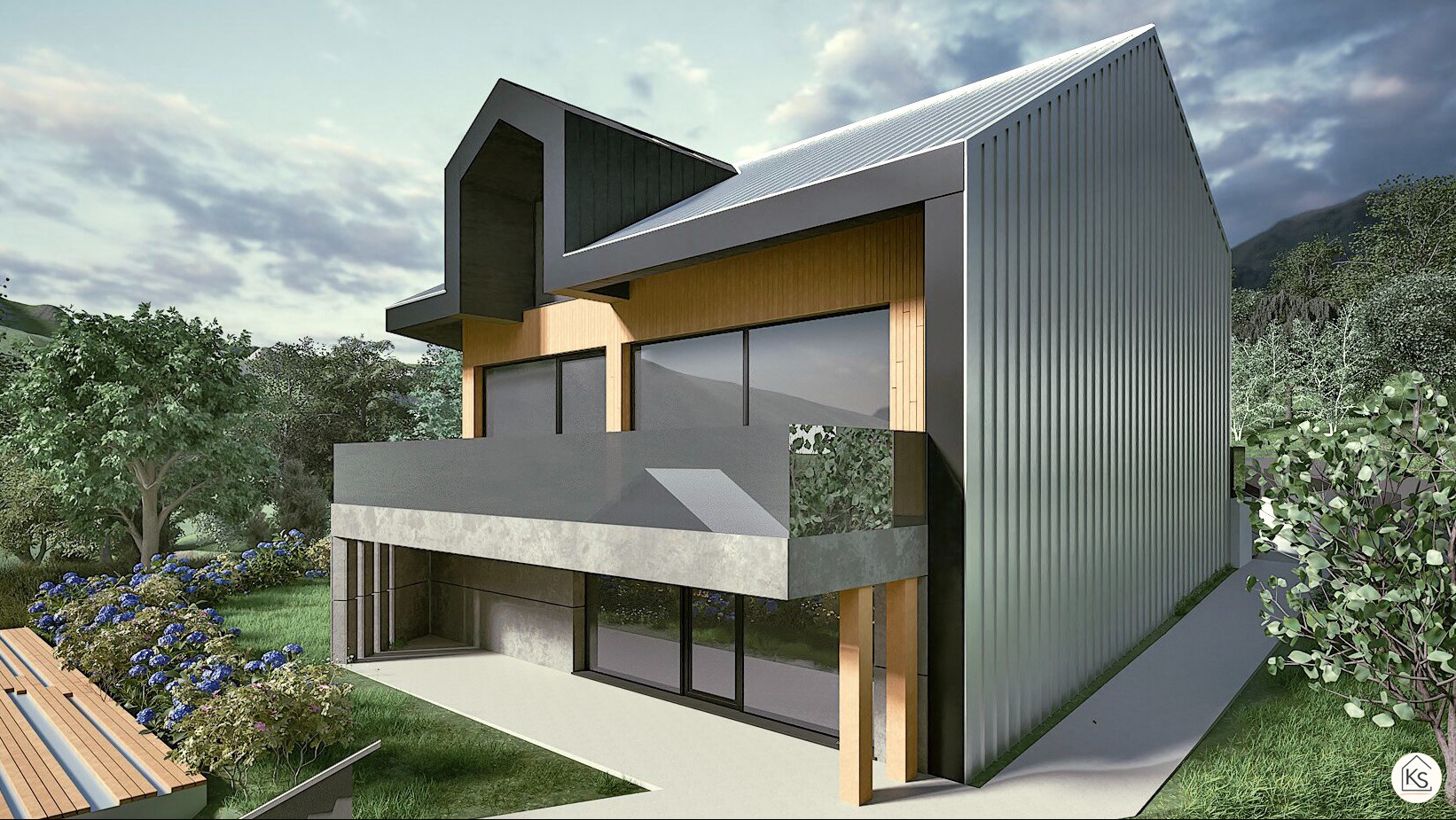 Wizualizacja nowoczesnego domu z elementami drewna i metalu, otoczonego zielenią. Uwagę przykuwa minimalistyczny design i duże przeszklenia. Widok z perspektywy.
