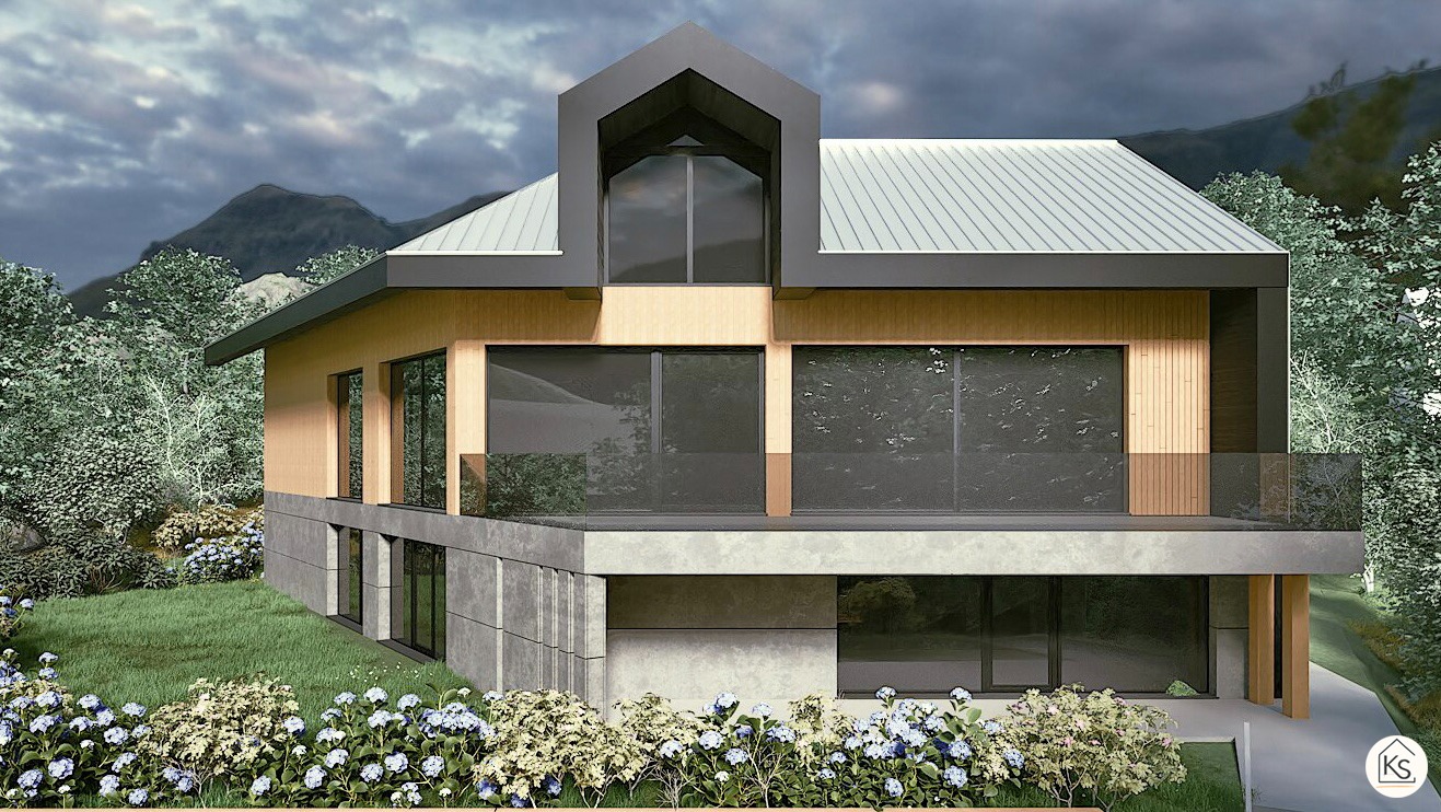 Wizualizacja nowoczesnego domu z płaskim dachem, drewnianą elewacją i dużymi oknami, otoczonego zielenią i kwiatami. W tle góry i pochmurne niebo.