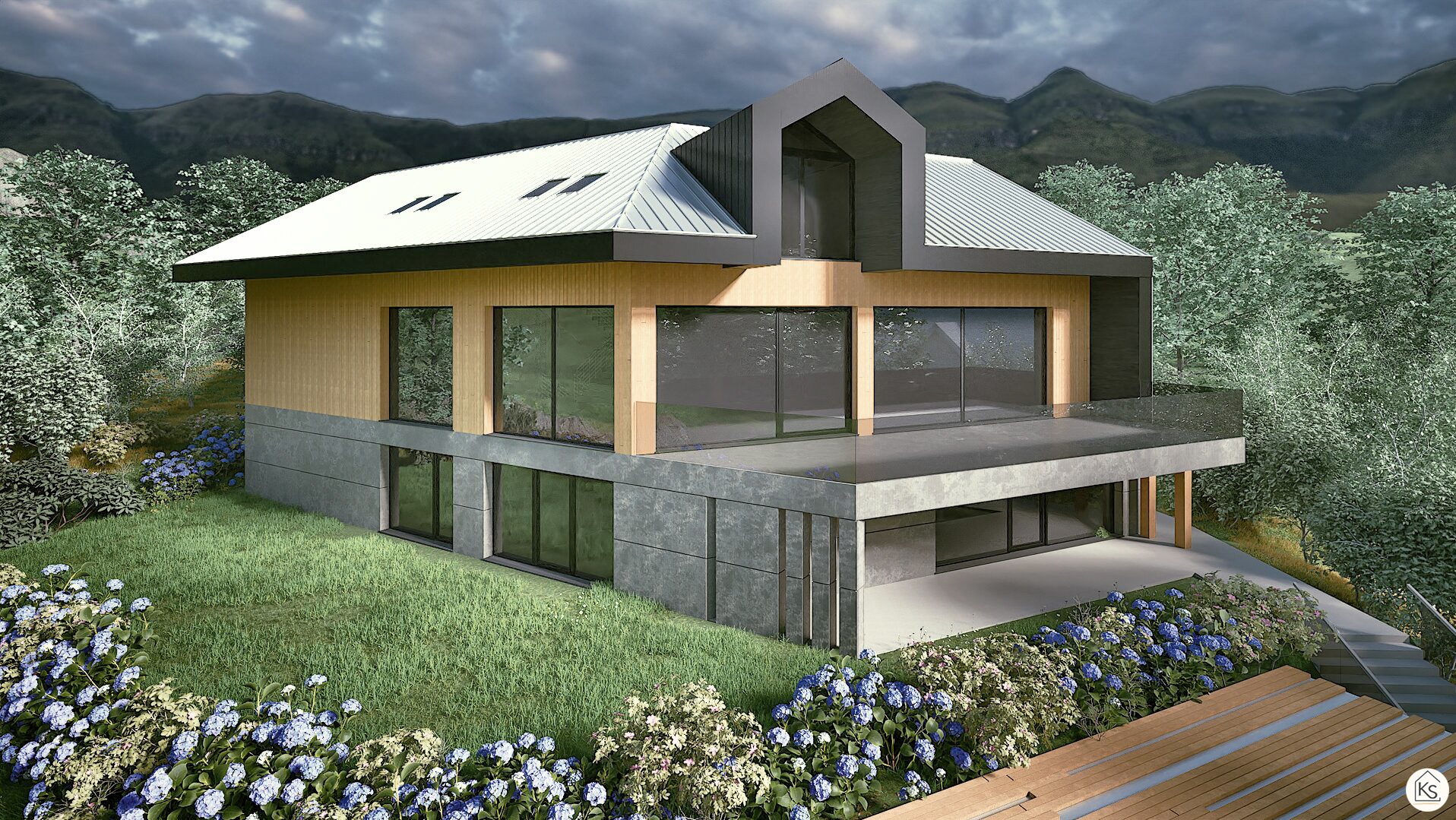 Wizualizacja nowoczesnego domu z płaskim dachem, drewnianą elewacją i betonową podstawą, otoczonego zielenią i kwiatami na tle górskiego krajobrazu.