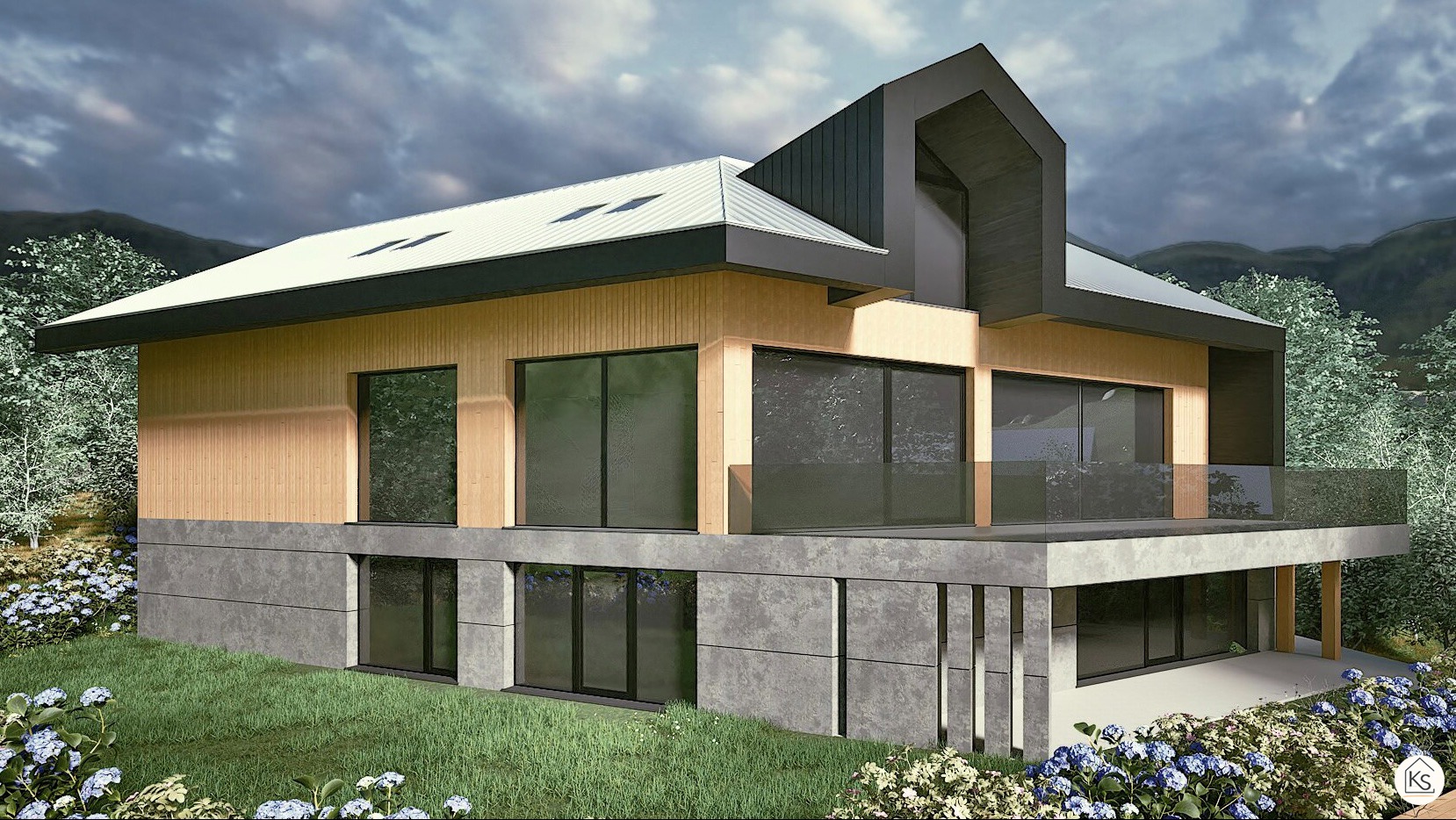 Wizualizacja nowoczesnego domu z drewnianą elewacją i szarą, dwuspadową bryłą dachu, otoczonego zielenią i kwiatami na tle górskiego krajobrazu.