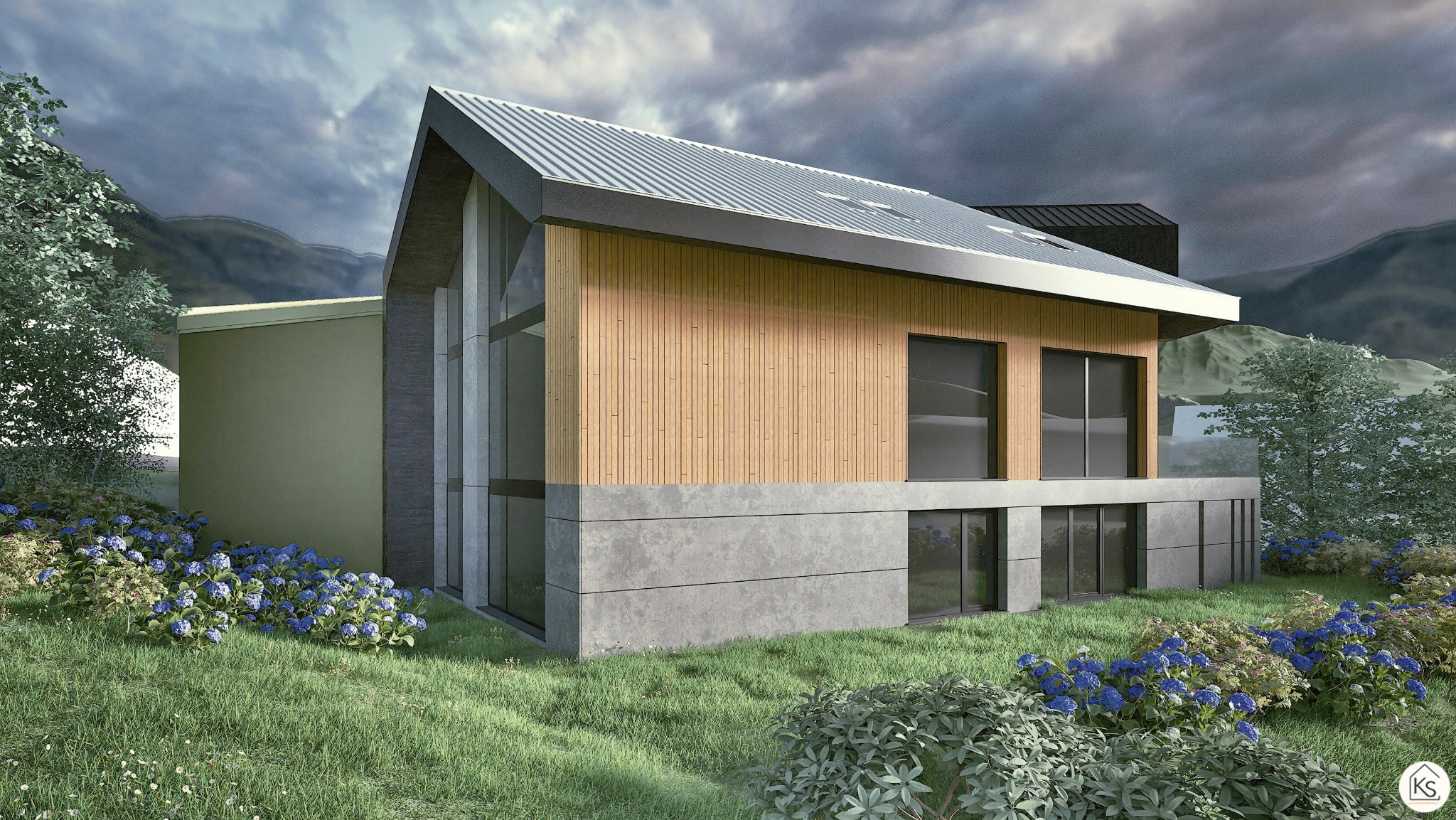 Wizualizacja nowoczesnego domu z drewnianą elewacją, betonową podmurówką i metalowym dachem na tle górskiego krajobrazu i pochmurnego nieba. Hortensje w ogrodzie.