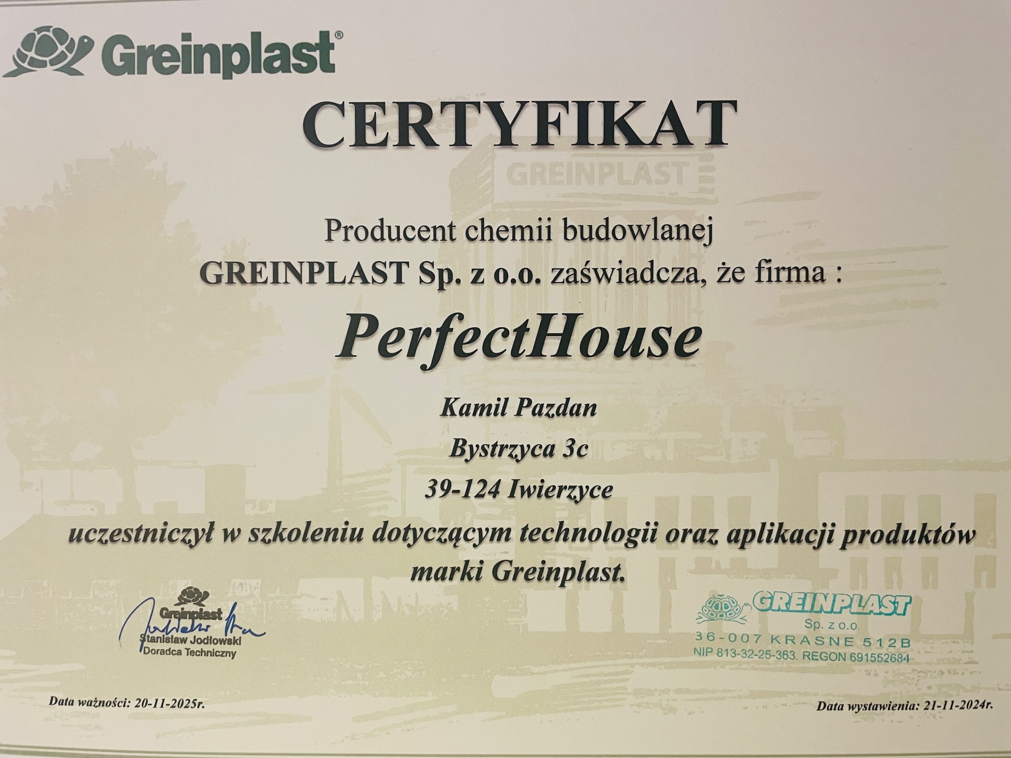 Certyfikat firmy PerfectHouse od producenta chemii budowlanej Greinplast za uczestnictwo w szkoleniu dotyczącym technologii i aplikacji produktów marki Greinplast.