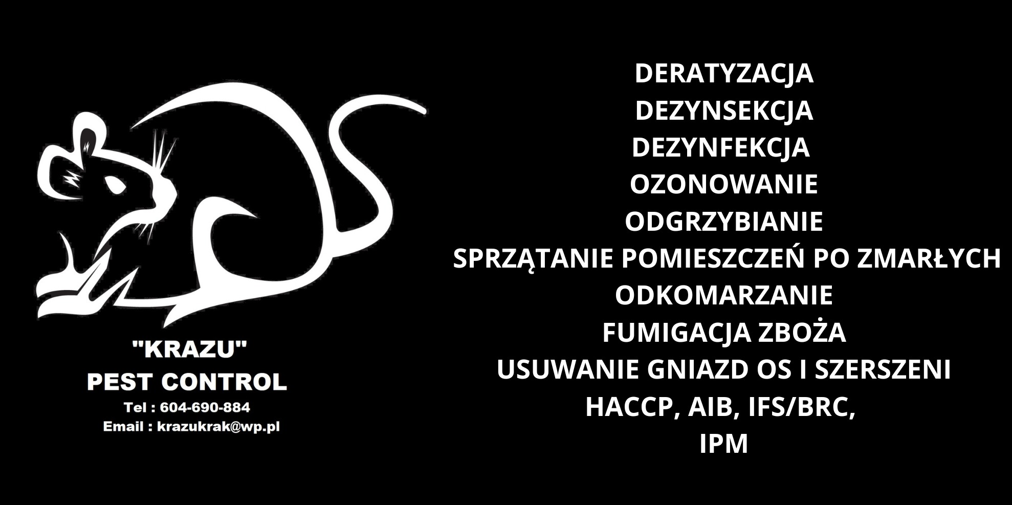 Logo firmy 'KRAZU' Pest Control z graficznym symbolem szczura, lista oferowanych usług obejmująca deratyzację, dezynsekcję, dezynfekcję, ozonowanie, odgrzybianie, sprzątanie po zmarłych...