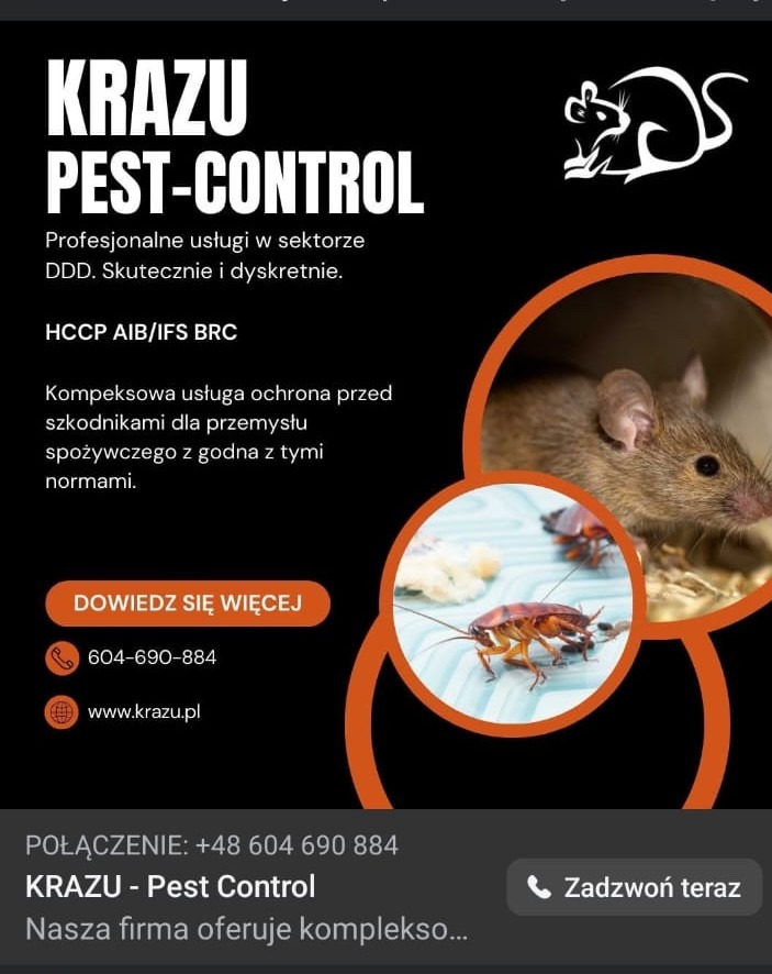 Grafika reklamowa firmy KRAZU Pest-Control z myszą w okręgu i karaluchami na niebieskim tle, oferującej profesjonalne usługi DDD dla przemysłu spożywczego.