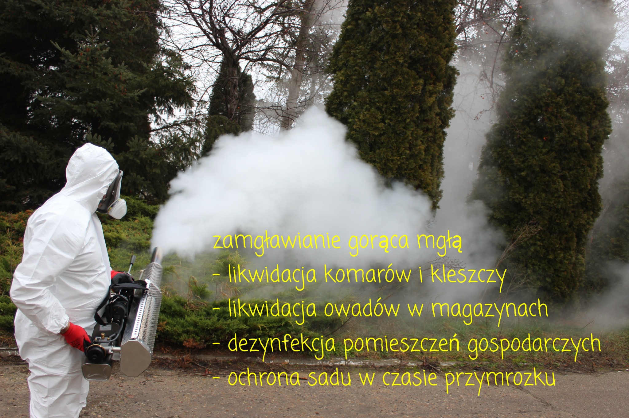 Osoba w kombinezonie ochronnym i masce zamgławia teren za pomocą zamgławiacza termicznego, generując gęstą białą mgłę, prawdopodobnie w celu dezynsekcji lub deratyzacji, na tle zielonych drzew...