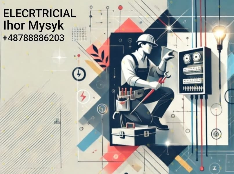 Grafika przedstawia elektryka w kasku, klęczącego przed otwartą skrzynką z bezpiecznikami, trzymającego czerwone kombinerki, z narzędziami w pasie i skrzynką narzędziową obok, na abstrakcyjnym tle...