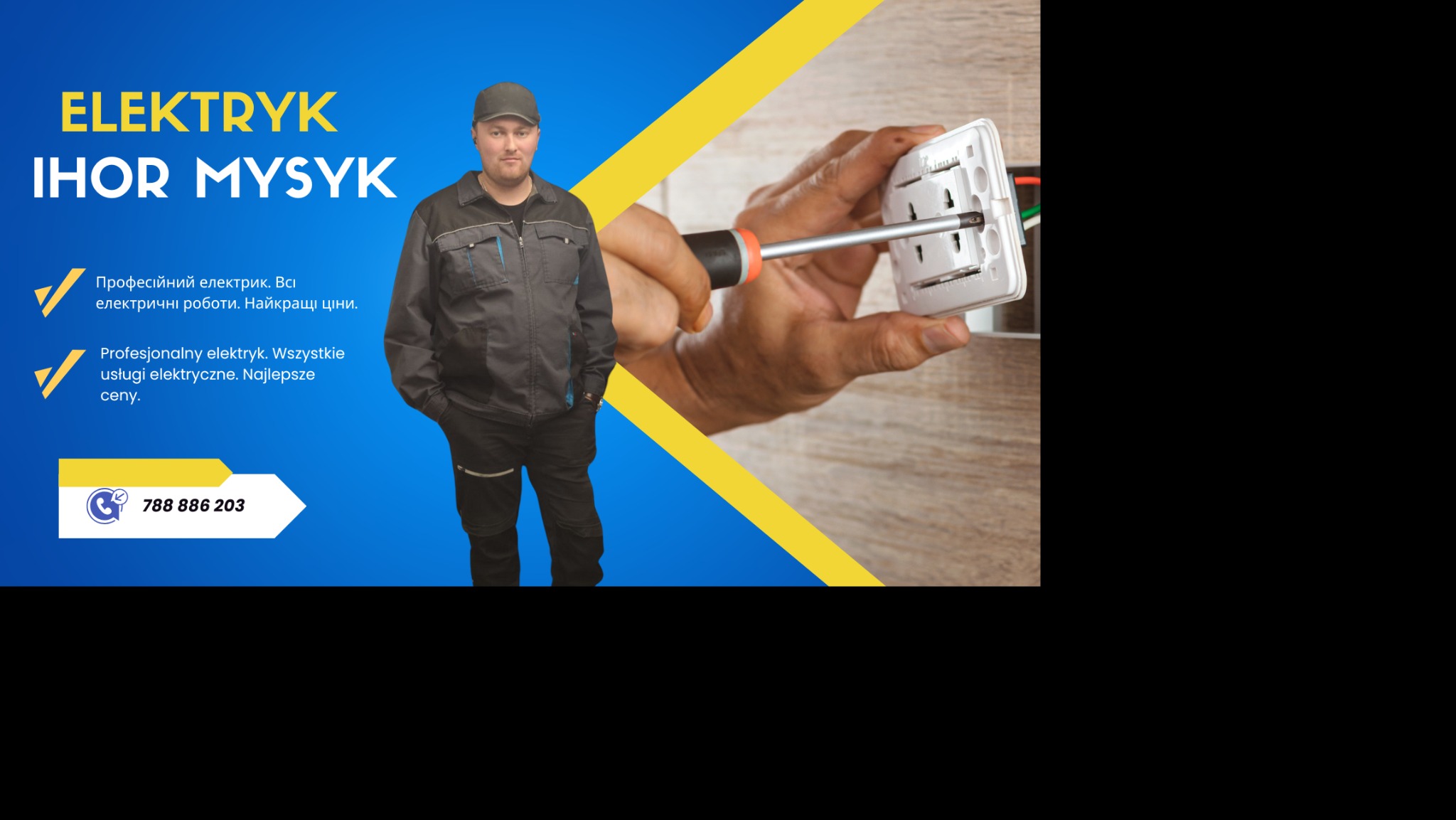 Elektryk Ihor Mysyk podczas montażu gniazdka elektrycznego przy użyciu śrubokręta, widoczne przewody w ścianie.