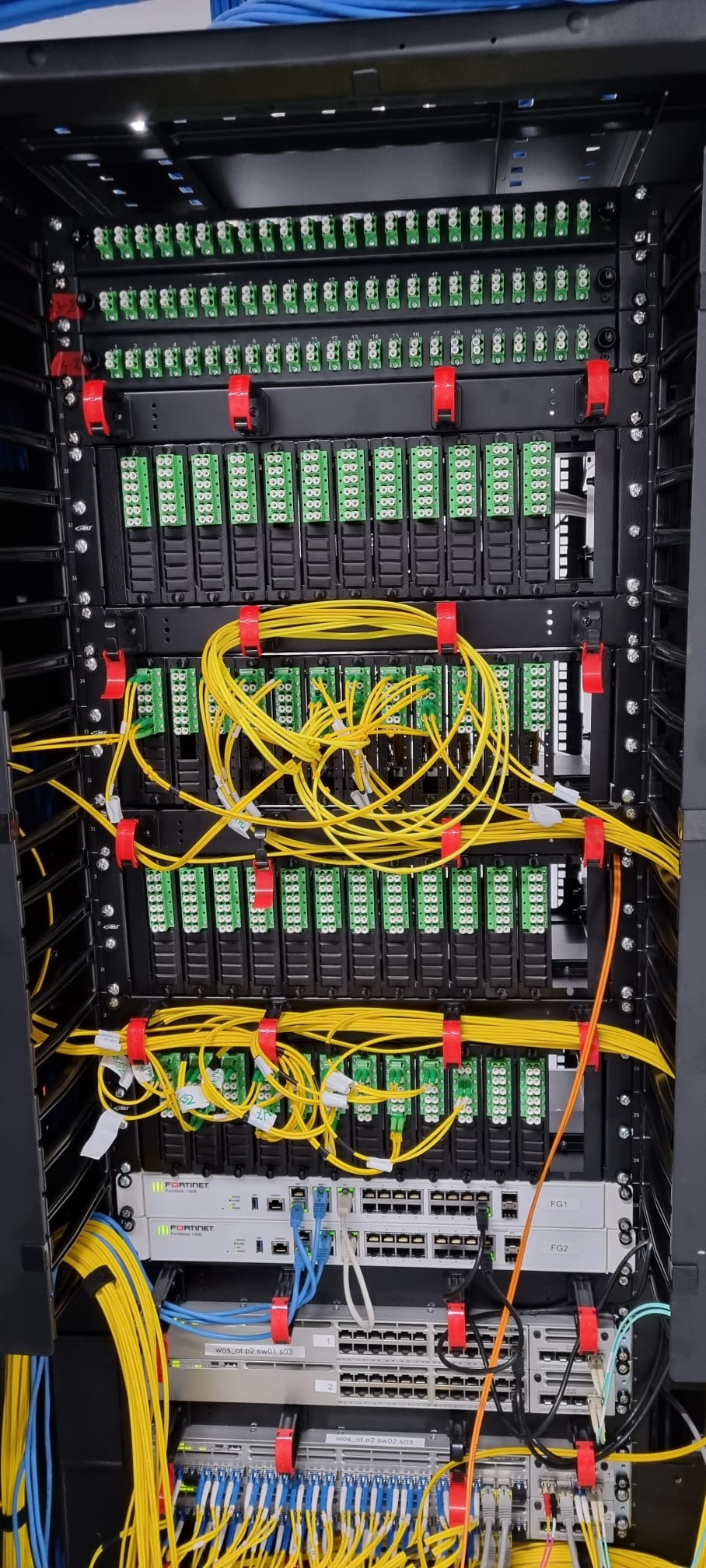 Serwerownia z panelami światłowodowymi, żółte kable patchcord, urządzenia Fortinet FG1 i FG2, widok z bliska na instalację telekomunikacyjną.
