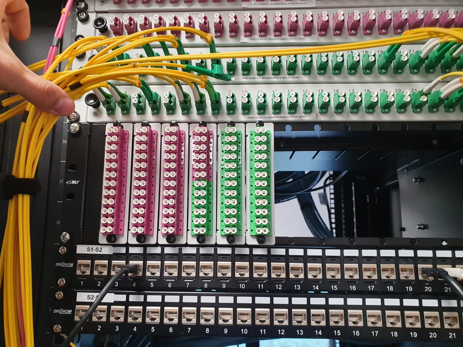 Panel krosowniczy z kolorowymi patchcordami światłowodowymi i gniazdami RJ45, widoczne numery portów i oznaczenia przełącznic, ręka technika układa żółte kable