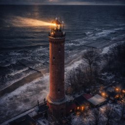 Przedsiębiorstwo Handlowo Usługowe Krzysztof Piekarski - Ceglana latarnia morska z jasnym światłem na tle morza i zachmurzonego nieba o zmierzchu. Zimowy krajobraz z ośnieżonymi budynkami u podstawy.