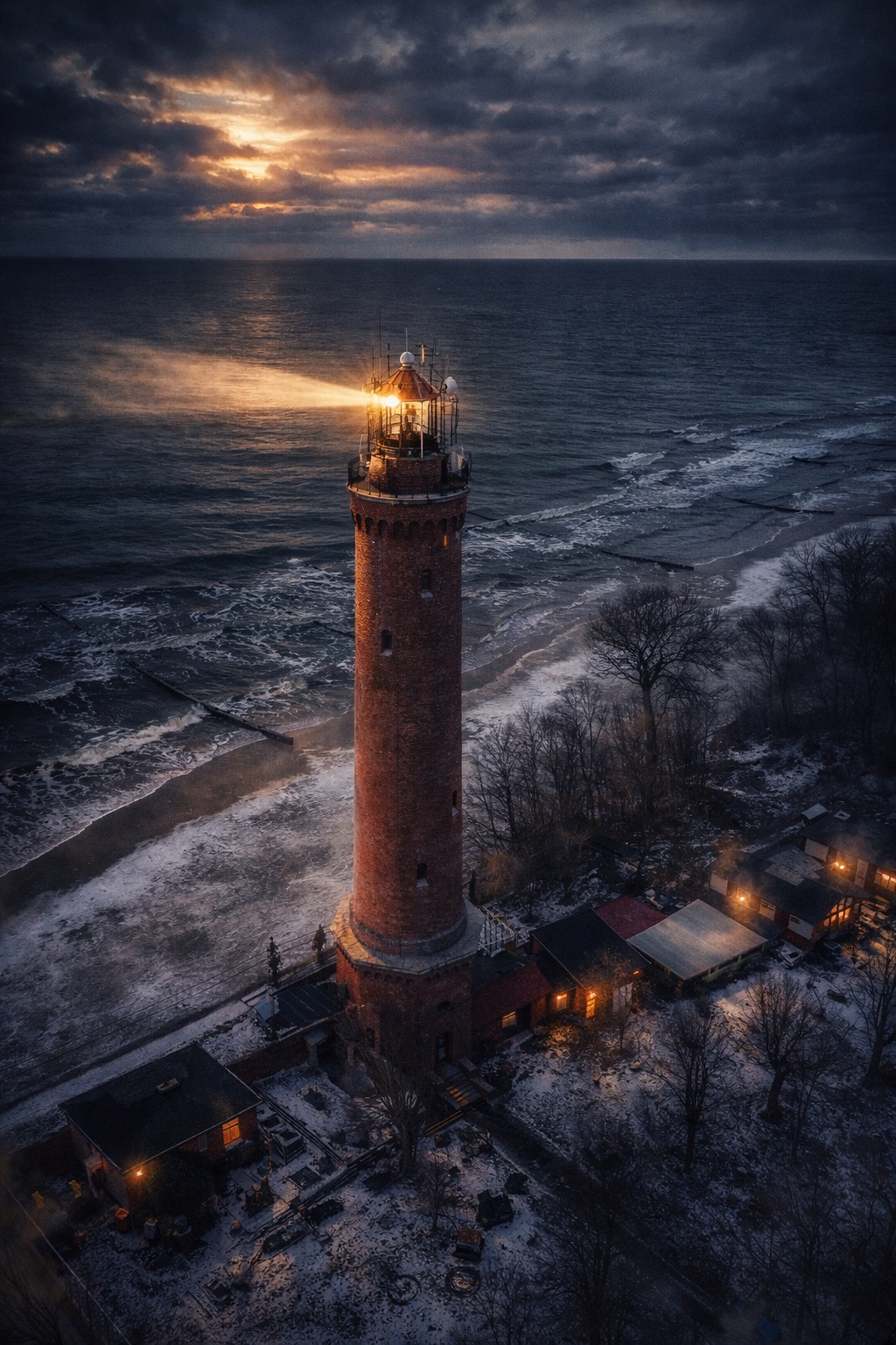 Ceglana latarnia morska z jasnym światłem na tle morza i zachmurzonego nieba o zmierzchu. Zimowy krajobraz z ośnieżonymi budynkami u podstawy.