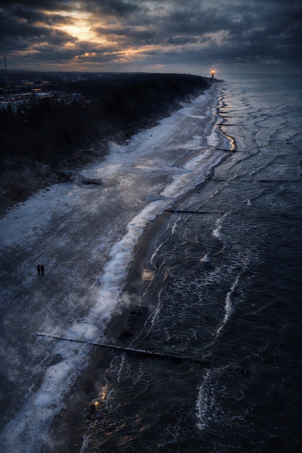 Widok z góry na zimową plażę z parą spacerującą wzdłuż brzegu, w oddali latarnia morska oświetlona zachodzącym słońcem, ciemne chmury na niebie.