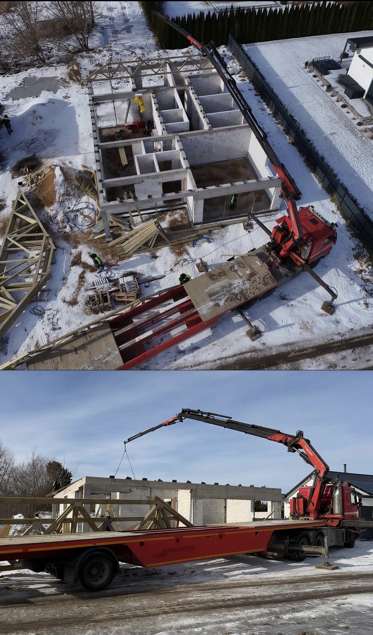 Montaż więźby dachowej na surowym budynku z betonu komórkowego, z użyciem czerwonego dźwigu samochodowego na tle zimowego krajobrazu.
