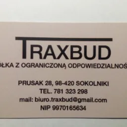 Wizytówka firmy Traxbud Spółka z ograniczoną odpowiedzialnością, z adresem, numerem telefonu, adresem e-mail i numerem NIP.