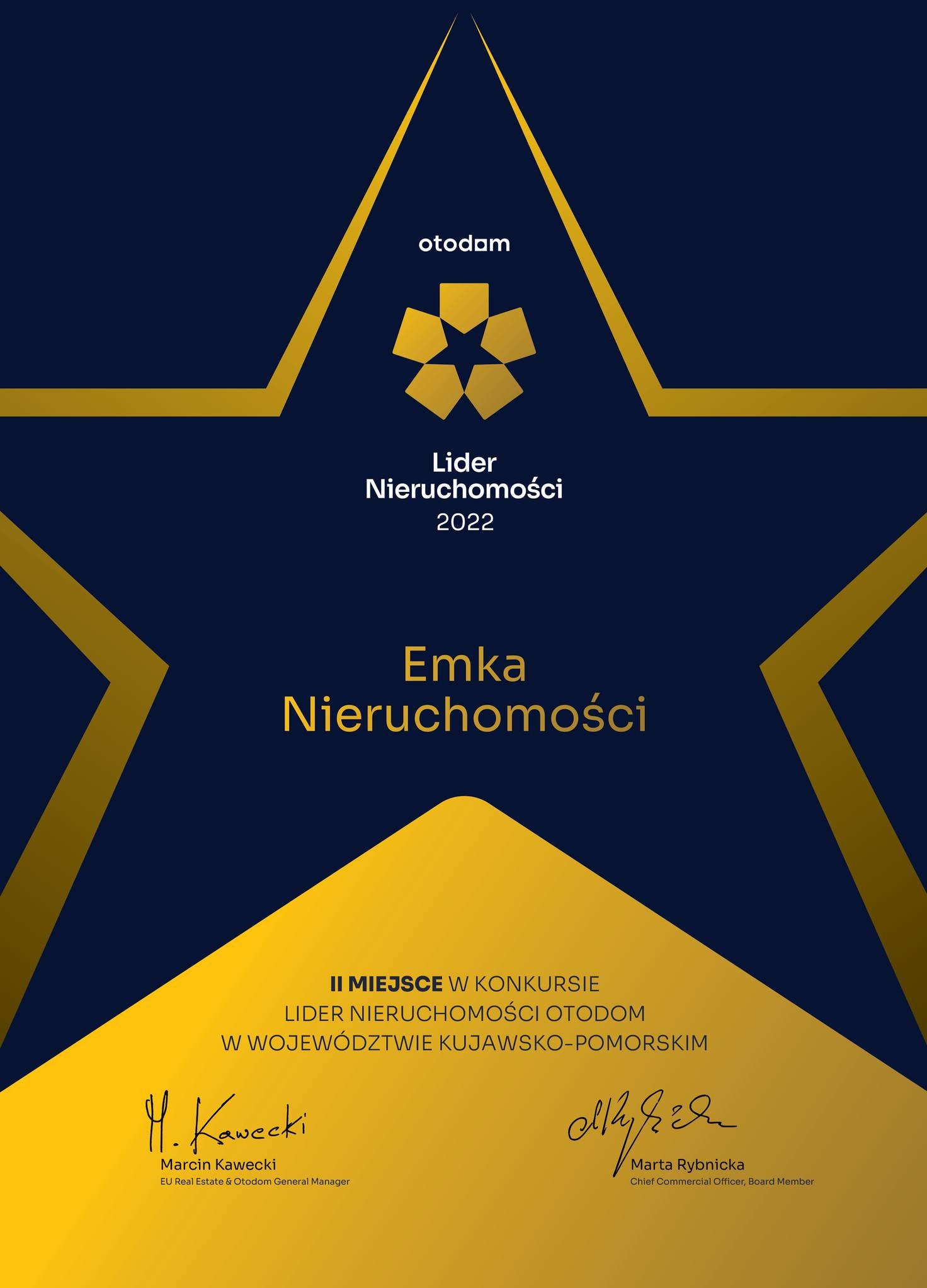 Zajęliśmy 2. miejsce w konkursie organizowanych przed Otodom 'Lider Nieruchomości' w województwie kujawsko-pomorskim