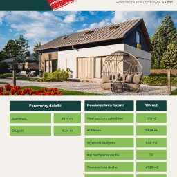 REALGREEN.HOUSE SPÓŁKA Z OGRANICZONĄ ODPOWIEDZIALNOŚCIĄ - Wizualizacja projektu domu z poddaszem, z uwzględnieniem zagospodarowania terenu: meble ogrodowe, trawnik, rabaty kwiatowe. Na pierwszym planie logo firmy i parametry działki.