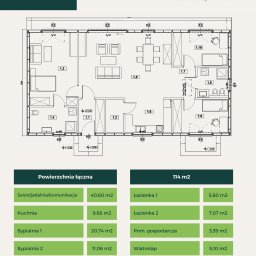 REALGREEN.HOUSE SPÓŁKA Z OGRANICZONĄ ODPOWIEDZIALNOŚCIĄ - Rzut parteru domu RGHOUSE LONG o powierzchni 114 m2, z zaznaczonymi pomieszczeniami i ich metrażem, w tym salon z jadalnią, kuchnia, sypialnie, łazienki i strych.
