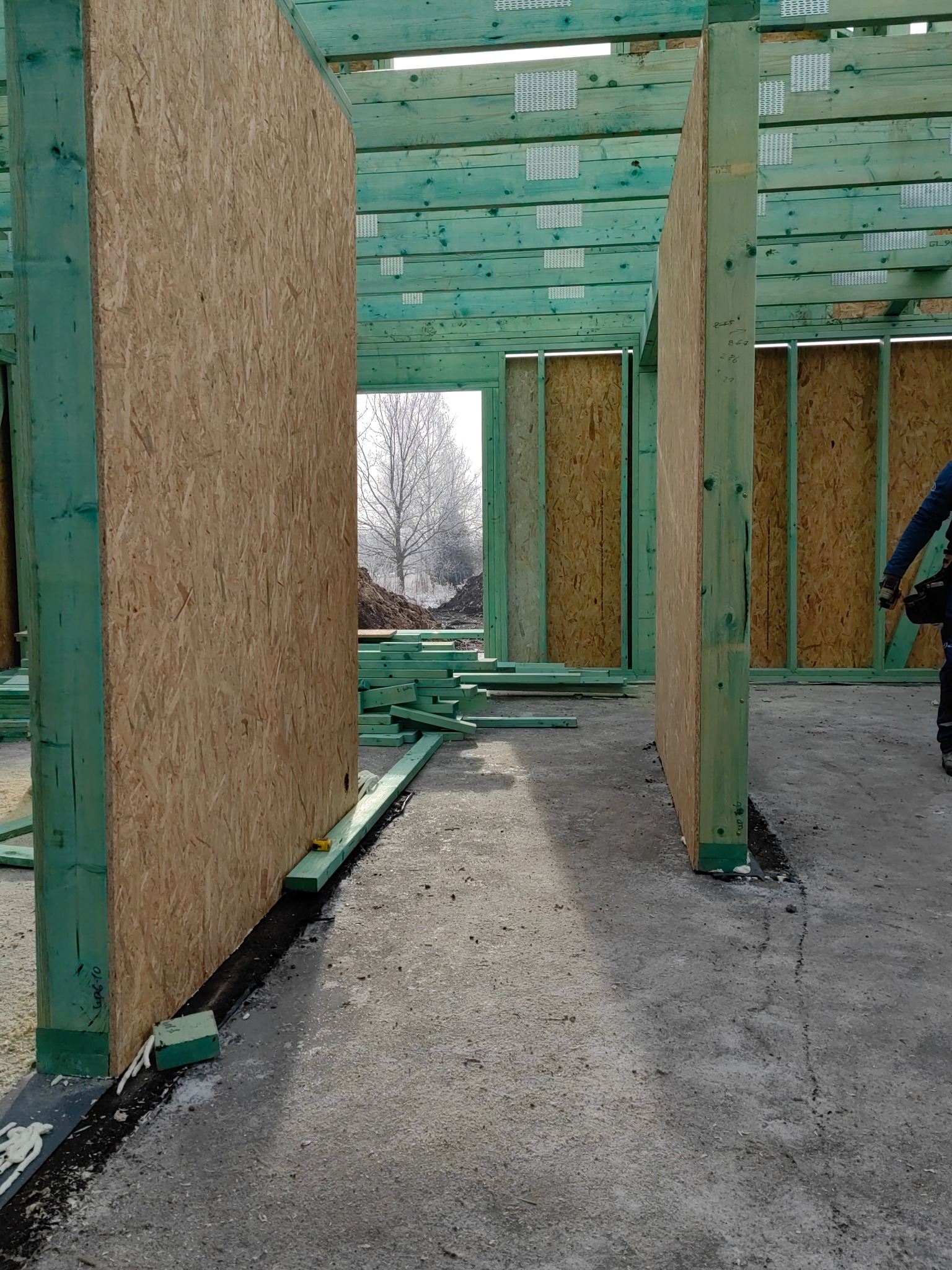 Wnętrze w trakcie budowy: drewniane ściany z płyt OSB i zielone belki stropowe, widoczne połączenia metalowe, w tle drzewa bez liści i hałda ziemi.