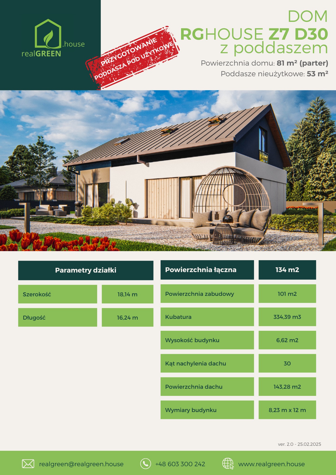 Wizualizacja projektu domu z poddaszem, z uwzględnieniem zagospodarowania terenu: meble ogrodowe, trawnik, rabaty kwiatowe. Na pierwszym planie logo firmy i parametry działki.