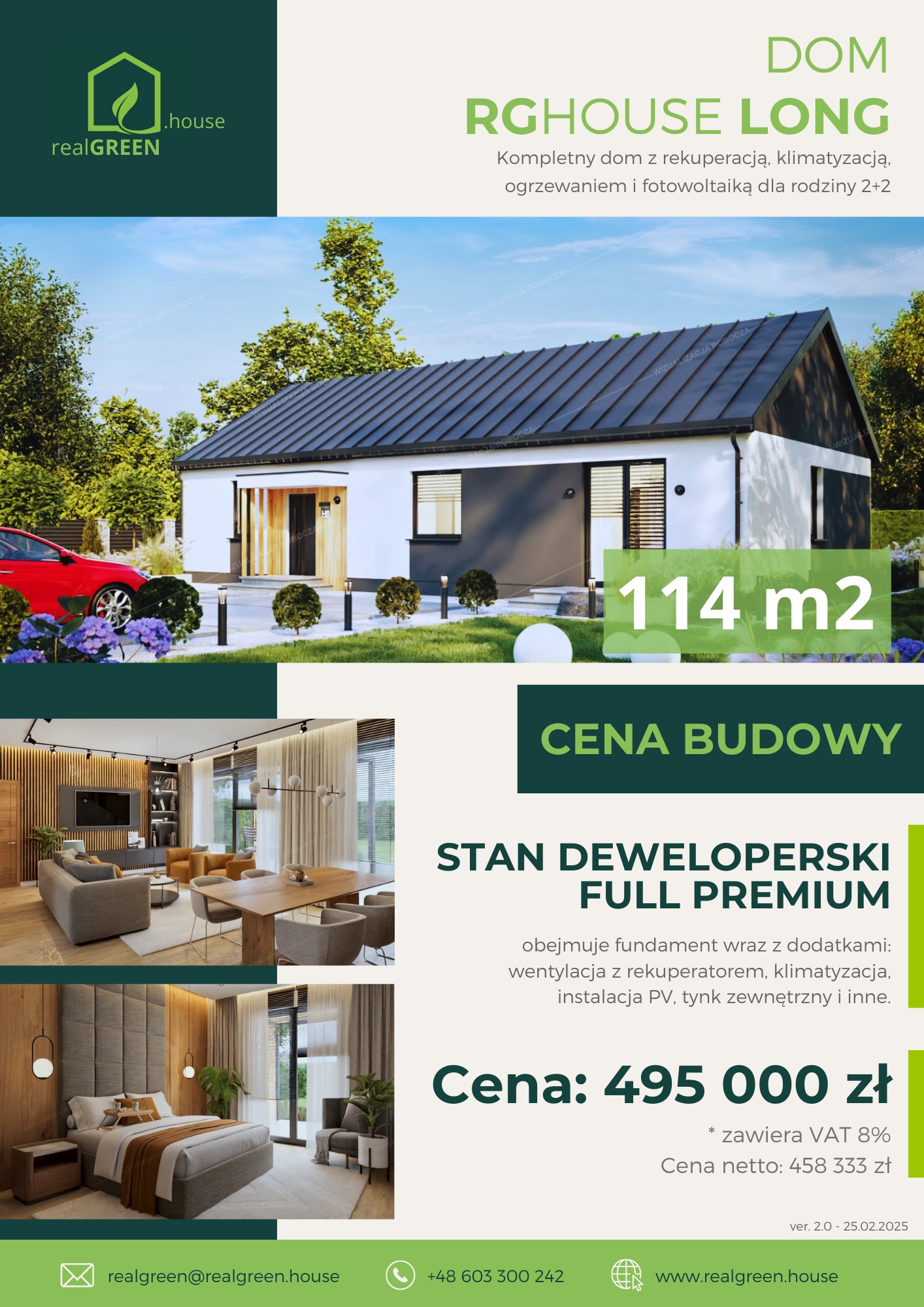 Wizualizacja domu RGHOUSE LONG w stanie deweloperskim full premium, z elementami rekuperacji, klimatyzacji, ogrzewania i fotowoltaiki, z czerwonym samochodem i fioletowymi kwiatami w ogrodzie.