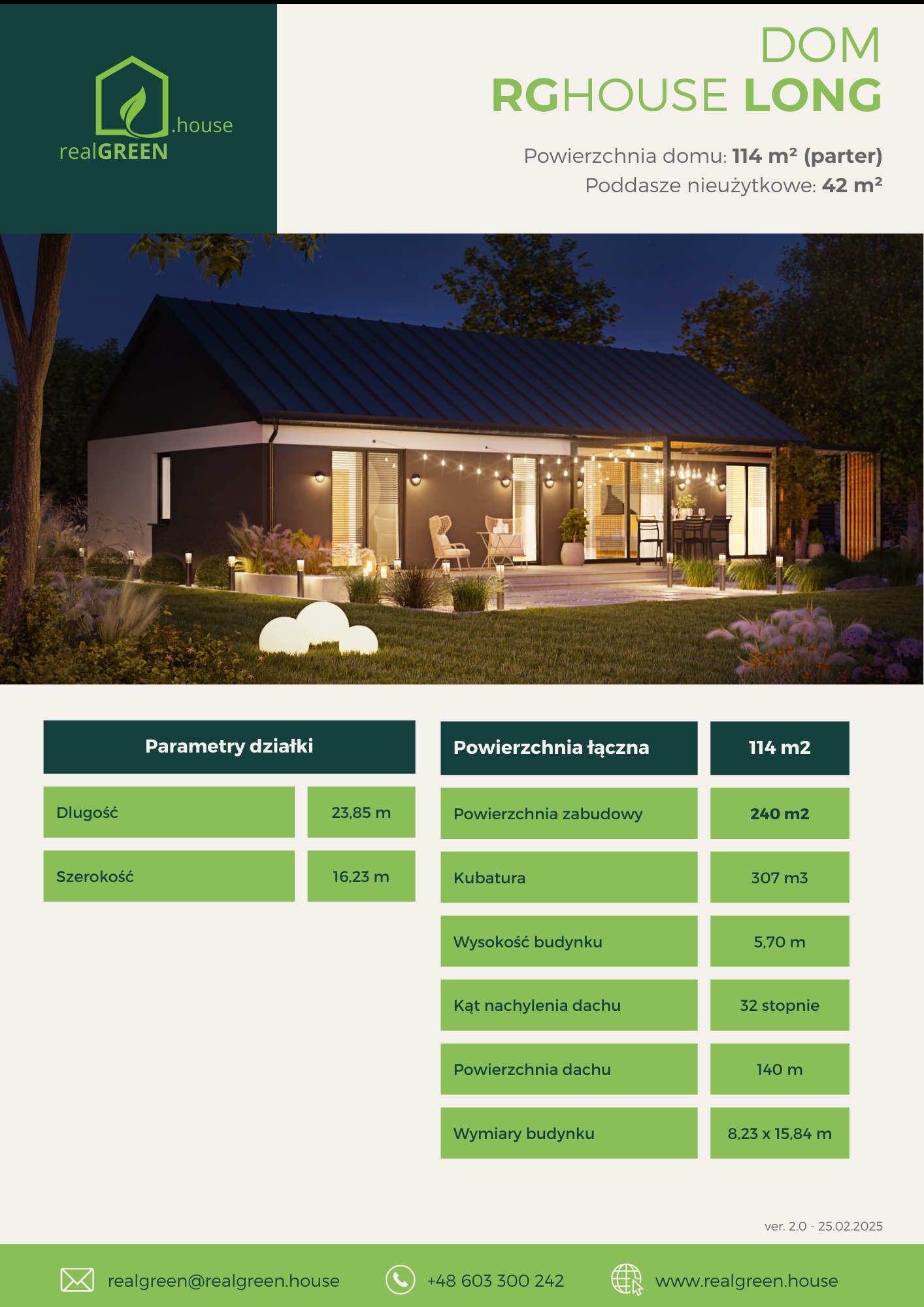 Wizualizacja parterowego domu z płaskim dachem, oświetlonego dekoracyjnymi lampami zewnętrznymi w ogrodzie, z widocznymi parametrami działki i domu.